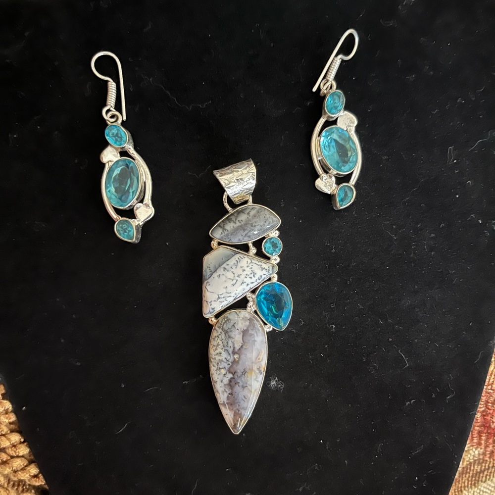 Beautiful Dendrite Opal and Blue Topaz Pendant and Earrings Set 925